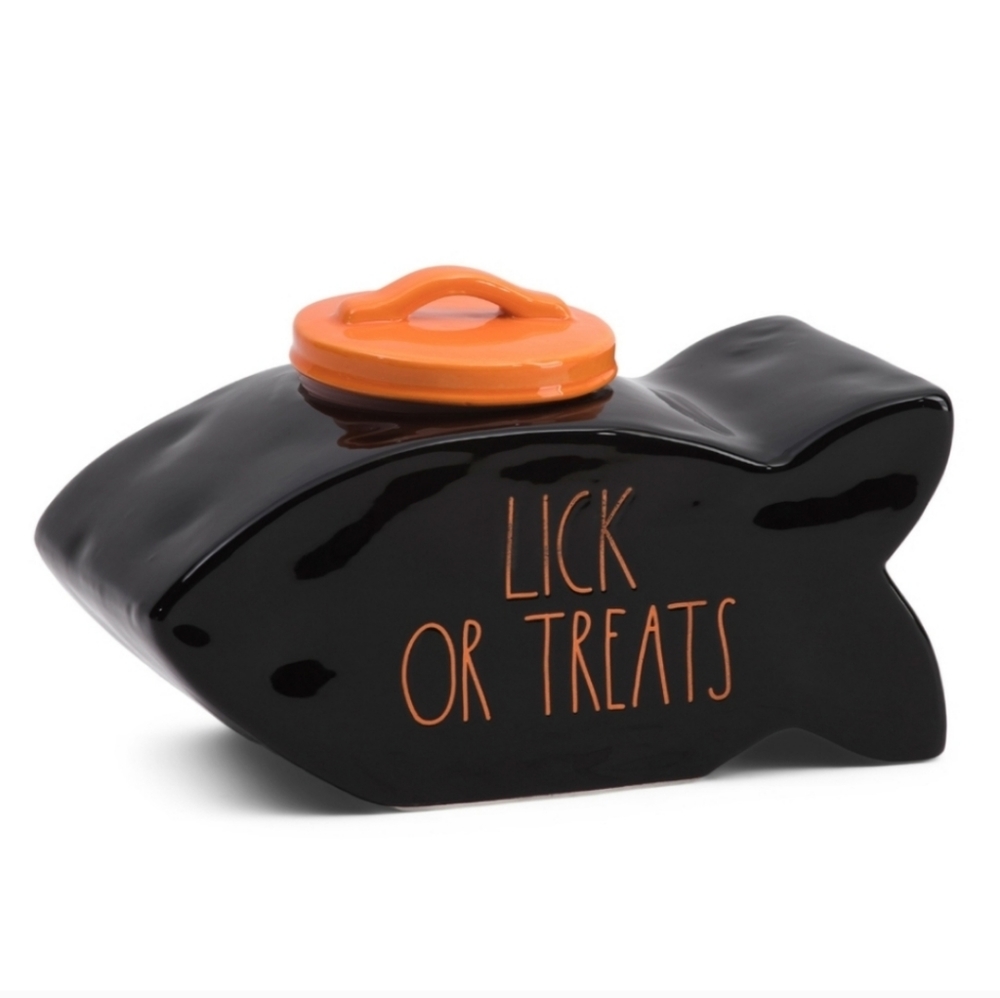Rae Dunn LICK OR TREATS Fish Cat dog pet Canister jar Happy Halloween black